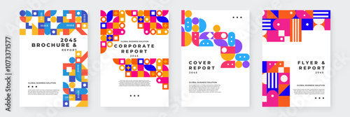 Colorful Geometric Business Brochure and Report Design 2045. Modern and abstract layouts featuring vibrant patterns, perfect for corporate presentations or marketing materials.