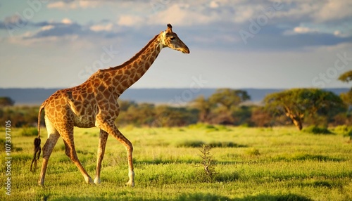 Giraffe . South African giraffe or Cape giraffe (Giraffa giraffa or camelopardalis giraffa) hanging around savannah 