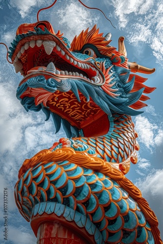 colorful dragon wrapped around red pillar impressionist temple sky clouds Nikon D850 Asian architecture culture religious sculpture Thailand China panoramic photo