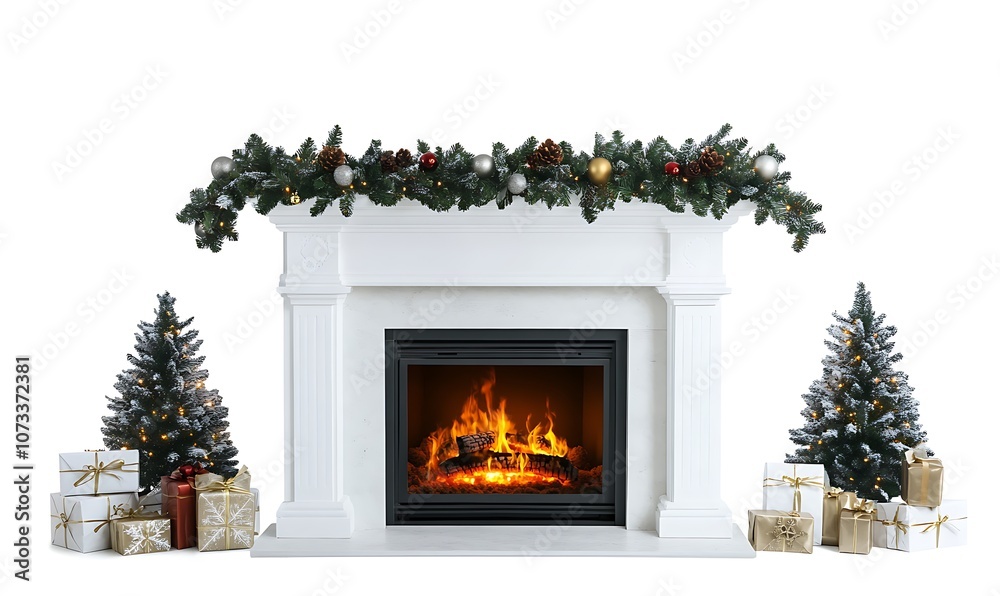 A festive fireplace with Christmas decorations, trees, and gifts, creating a cozy holiday atmosphere. A festive fireplace with Christmas decorations, trees, and gifts, creating a cozy holiday atmosphere.