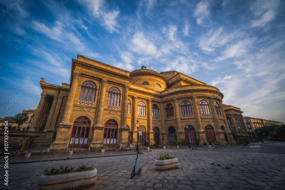 Palermo, Italy - June 2023: The Teatro Massimo Vittorio Emanuele, better known as Teatro Massimo, of Palermo is the largest opera theater building in Italy, and one of the largest in Europe. Palermo, Italy - June 2023: The Teatro Massimo Vittorio Emanuele, better known as Teatro Massimo, of Palermo is the largest opera theater building in Italy, and one of the largest in Europe.