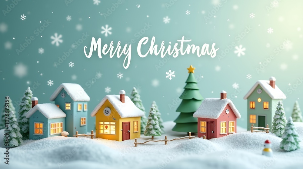 Fototapeta premium christmas miniature diorama. A fairytale Christmas scene with a snow-covered winter village and warm light.