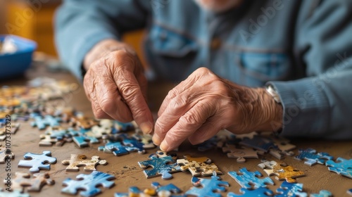 Elderly hands assembling a jigsaw puzzle on the table. Man playing puzzles, hobby. Leisure activities