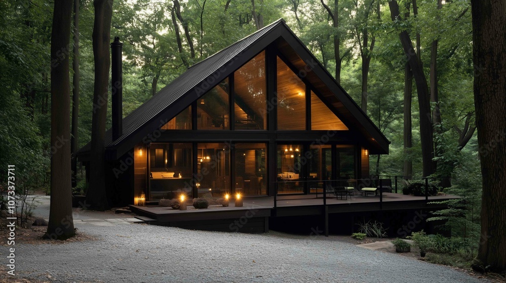 There is a house with numerous windows situated in the center of a lush green forest
There is a house with numerous windows situated in the center of a lush green forest