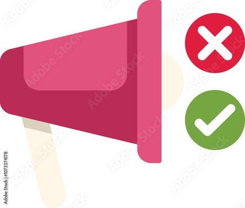 Megaphone is showing check and cross marks, depicting the concept of true and false information