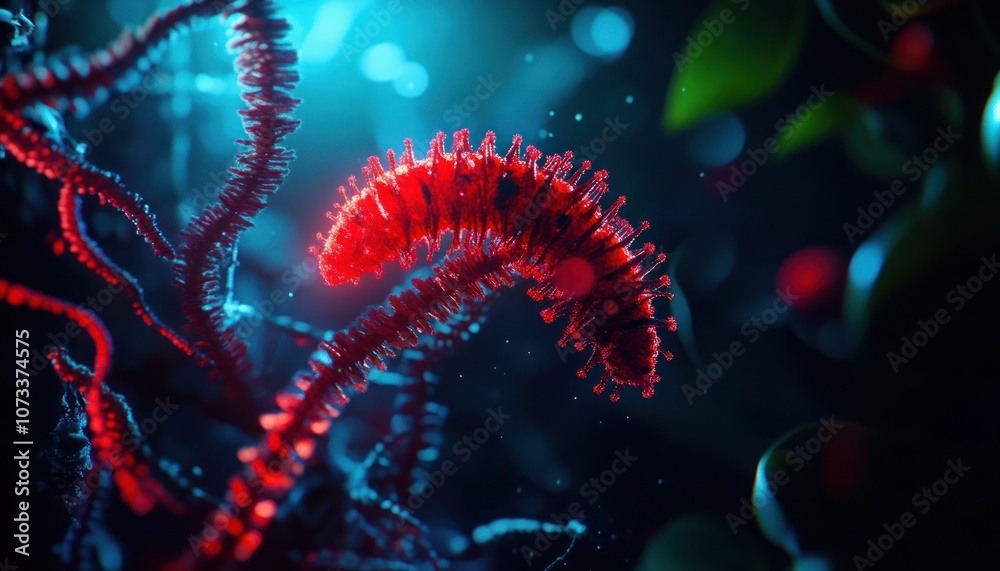 A vivid underwater scene featuring a luminous red sea creature intertwined with organic structures, illuminated by soft, colorful lighting. A vivid underwater scene featuring a luminous red sea creature intertwined with organic structures, illuminated by soft, colorful lighting.