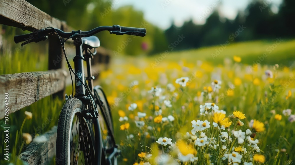 A bicycle resting near a vibrant field of wildflowers under a sunny blue sky. A bicycle resting near a vibrant field of wildflowers under a sunny blue sky.
