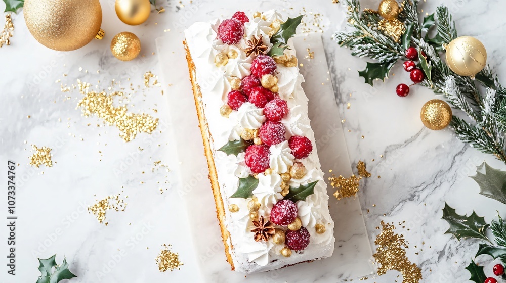Beautifully decorated Yule log cake on a marble background, with gold glitter and holiday garland Beautifully decorated Yule log cake on a marble background, with gold glitter and holiday garland