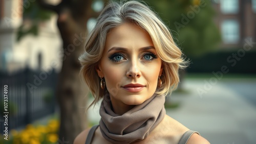 A woman with blonde hair and blue eyes stands outside, wearing a beige scarf