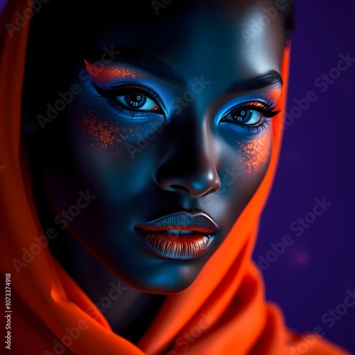High-Fashion Portrait with Vibrant Blue and Orange Makeup on Dark Skin