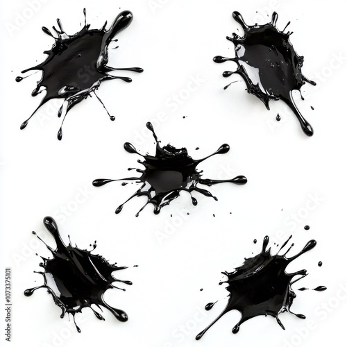 A set of bold black ink splatters arranged in a grid on a clean white background, embodying modern minimalism and abstract expression