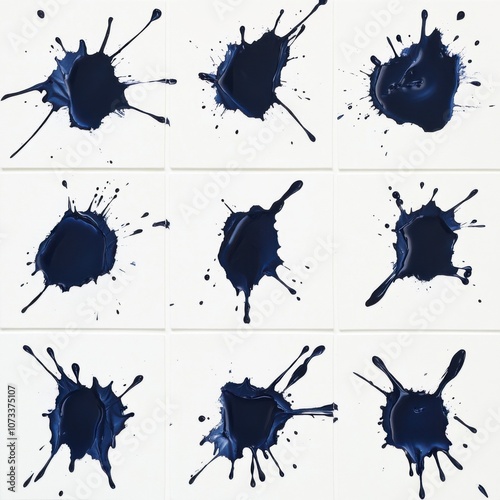 A set of bold black ink splatters arranged in a grid on a clean white background, embodying modern minimalism and abstract expression