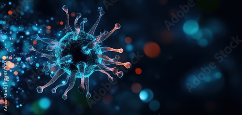 A colorful depiction of a virus with a 3D design, showcasing spikes and glowing details against a dark background.