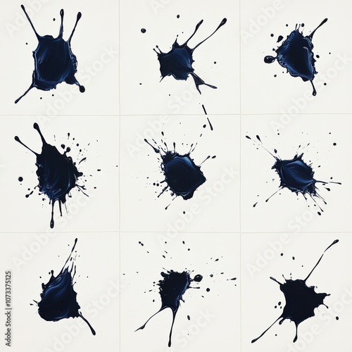 A set of bold black ink splatters arranged in a grid on a clean white background, embodying modern minimalism and abstract expression
