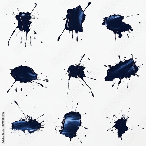 A set of bold black ink splatters arranged in a grid on a clean white background, embodying modern minimalism and abstract expression