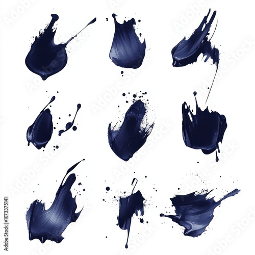 A set of bold black ink splatters arranged in a grid on a clean white background, embodying modern minimalism and abstract expression