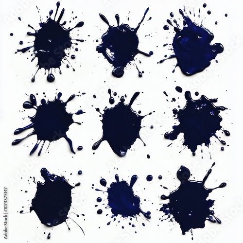 A set of bold black ink splatters arranged in a grid on a clean white background, embodying modern minimalism and abstract expression