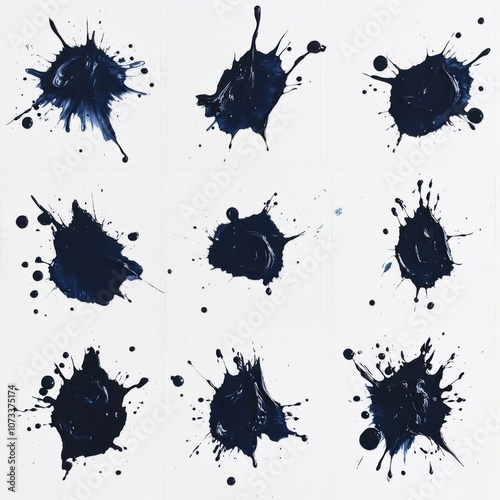 A set of bold black ink splatters arranged in a grid on a clean white background, embodying modern minimalism and abstract expression