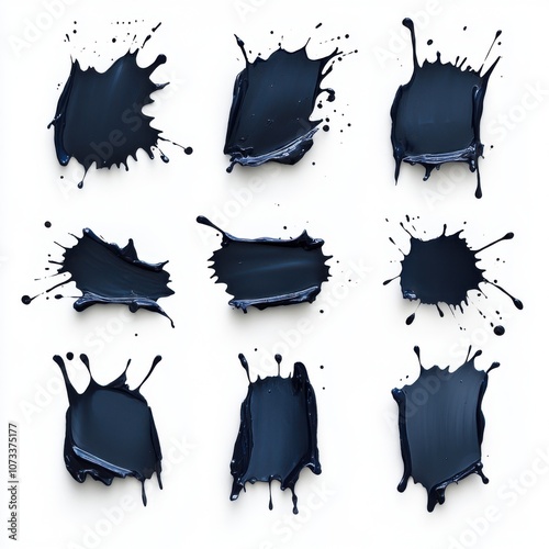 A set of bold black ink splatters arranged in a grid on a clean white background, embodying modern minimalism and abstract expression