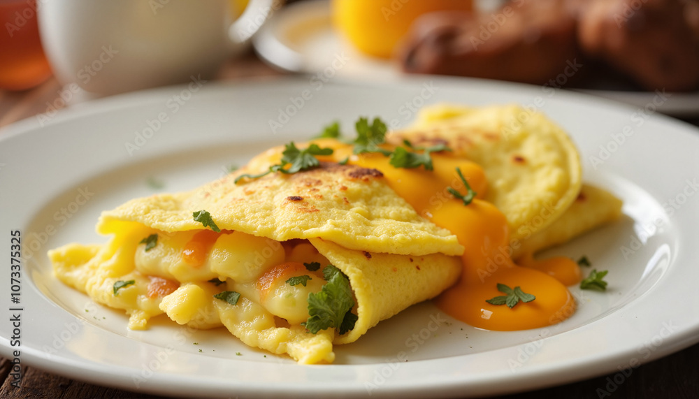 Omelet Roll with Filling Topped with Melted Cheese and Herbs on White Plate