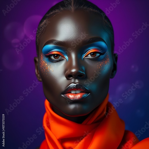 High-Fashion Portrait with Vibrant Blue and Orange Makeup on Dark Skin