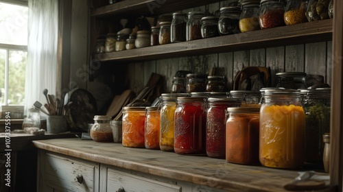 A rustic kitchen shelf filled with colorful jars of homemade preserves and canned goods.