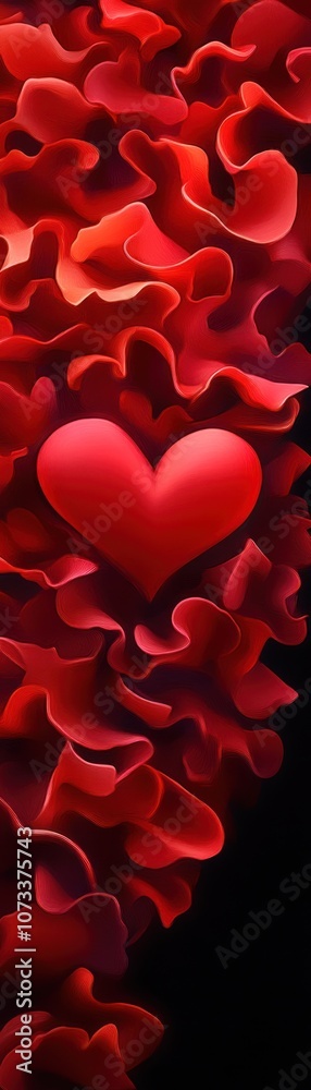 A vibrant display of red rose petals forming a romantic background, centered by a heart, evoking love and passion. A vibrant display of red rose petals forming a romantic background, centered by a heart, evoking love and passion.