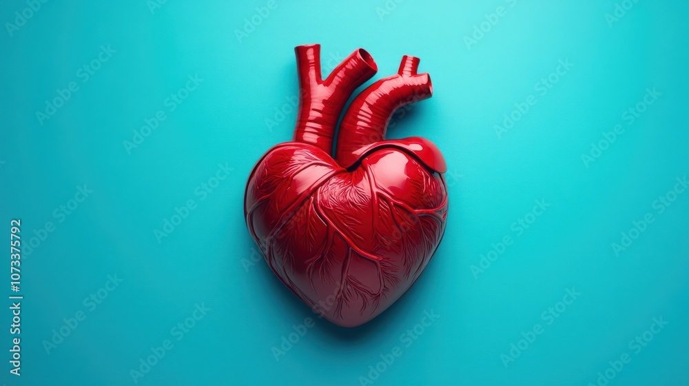 A vibrant, red anatomical heart model against a turquoise background, illustrating the structure and intricacy of the human heart.