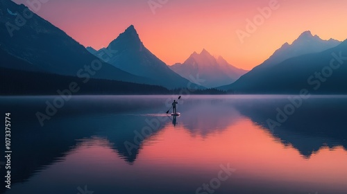 A serene paddleboarder glides across a tranquil lake at sunset, surrounded by mountains.