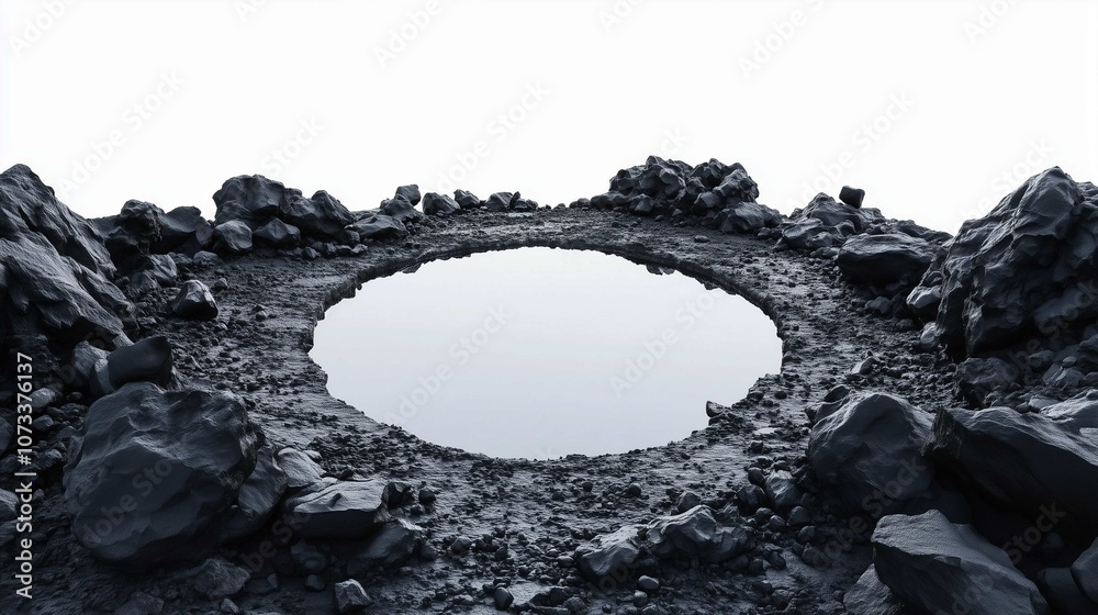 Fototapeta premium Dramatic brooding storm clouds are reflected in a moody puddle creating a reflective atmospheric and contemplative landscape with copy space for text overlay 