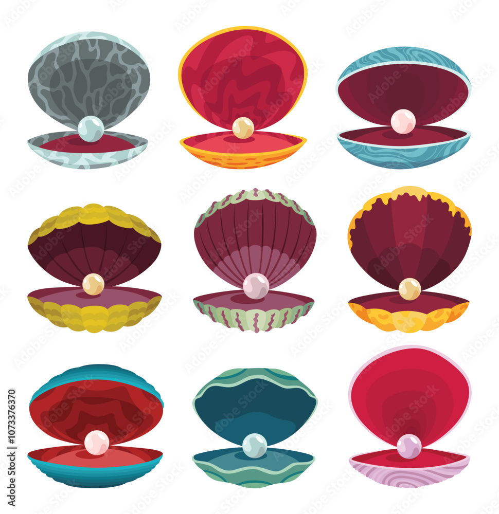 Pearls in seashell. Open seashell scallop and pearl shell icon set in various form and colors. Beautiful pearl in clam shell in cartoon flat style. Vector illustration isolated on white background