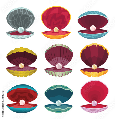 Obraz na płótnie Pearls in seashell. Open seashell scallop and pearl shell icon set in various form and colors. Beautiful pearl in clam shell in cartoon flat style. Vector illustration isolated on white background w salonie