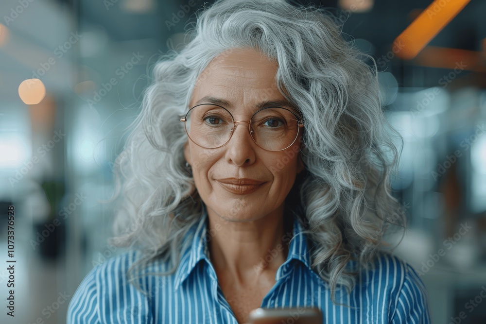 Smiling Senior Businesswoman Using Smartphone in Modern Office, Mature Professional Woman with Gray Hair and Glasses Typing Message on Mobile Phone Smiling Senior Businesswoman Using Smartphone in Modern Office, Mature Professional Woman with Gray Hair and Glasses Typing Message on Mobile Phone