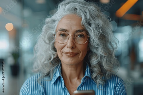 Smiling Senior Businesswoman Using Smartphone in Modern Office, Mature Professional Woman with Gray Hair and Glasses Typing Message on Mobile Phone