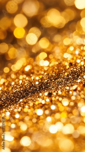 A close-up image of shimmering golden glitter, creating a vibrant and luxurious visual effect with sparkling bokeh lights.