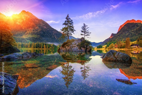 Canvas Print alpine mountains landscape, picturesque nature image, famous lake Hintersee, Alps, Ramsau, Bavaria, Germany, Europe