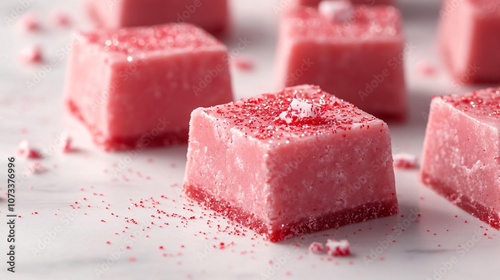 Homemade peppermint fudge squares, on a white background with a sprinkle of edible glitter Homemade peppermint fudge squares, on a white background with a sprinkle of edible glitter
