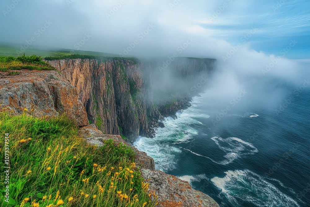 Cliffside View with Fog and Waves: A dramatic view from a high cliff Cliffside View with Fog and Waves: A dramatic view from a high cliff