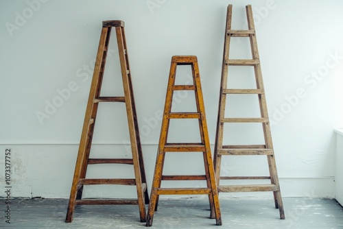 Three Wooden Ladders Against a White Wall