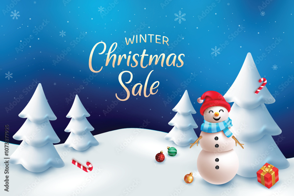 Winter Christmas Sale With Snow Flakes And Snowman. Xmas Festive Holiday Vector Illustration For Discount Sale Offer Promotion, Greetings Card, Website, Advertisement, E-commerce. Winter Christmas Sale With Snow Flakes And Snowman. Xmas Festive Holiday Vector Illustration For Discount Sale Offer Promotion, Greetings Card, Website, Advertisement, E-commerce.
