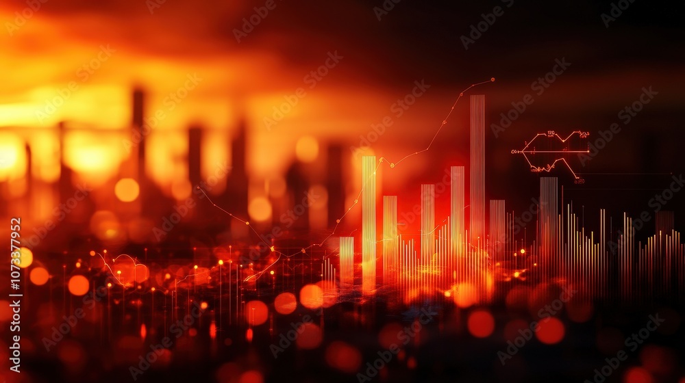 Fototapeta premium Dynamic business graph visualization against a vibrant sunset backdrop.