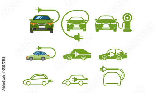 Collection of Green Electric Cars and Charging Icons