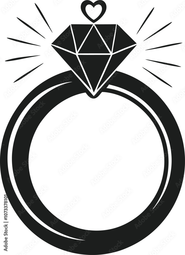 Diamond Ring Silhouette Vector with Heart Detail - Engagement and Love Symbol Diamond Ring Silhouette Vector with Heart Detail - Engagement and Love Symbol