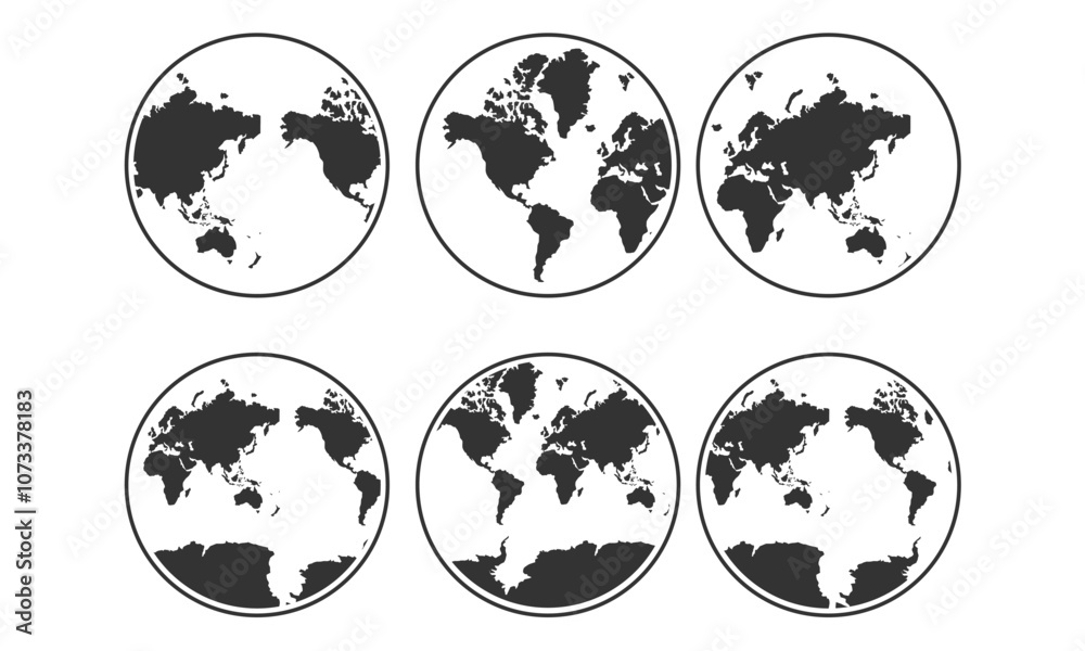 Six Black and White World Maps Showing Different Global Perspectives Six Black and White World Maps Showing Different Global Perspectives