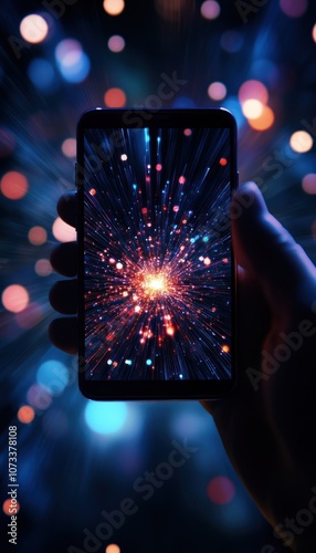 A hand holds a smartphone displaying vibrant, colorful light patterns, creating a sense of depth and motion against a dark backdrop.