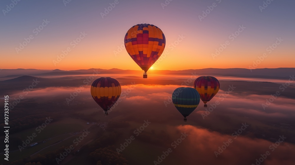 Obraz premium A photo of hot air balloons rising above the foggy valley at sunrise