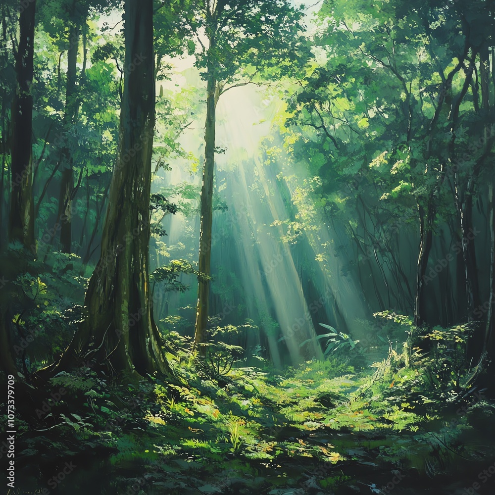 Present a wide-angle view of a mystical forest, highlighting towering trees and dappled sunlight filtering through lush foliage Present a wide-angle view of a mystical forest, highlighting towering trees and dappled sunlight filtering through lush foliage