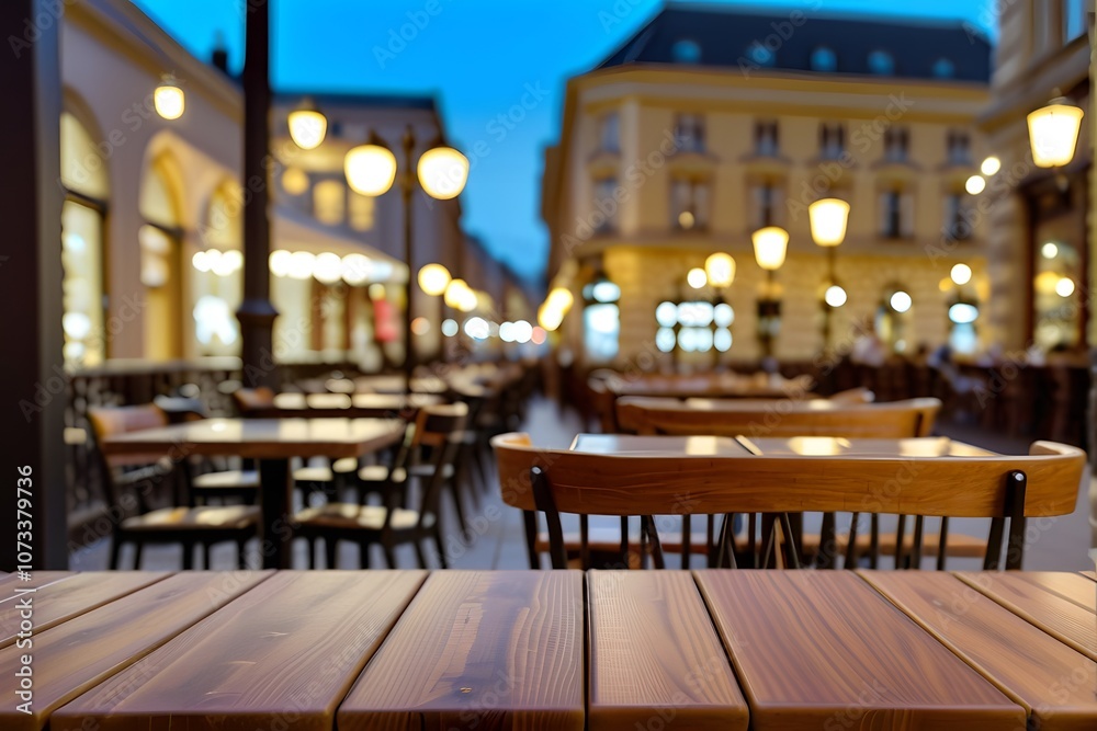 Empty table in a cozy steakhouse restaurant on a terrace with warm light and bokeh. Empty table in a cozy steakhouse restaurant on a terrace with warm light and bokeh.