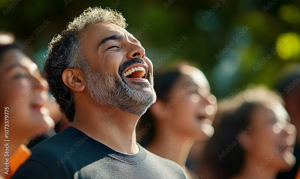 Middle-aged Hispanic man joyfully singing with a diverse choir outdoors. Middle-aged Hispanic man joyfully singing with a diverse choir outdoors.