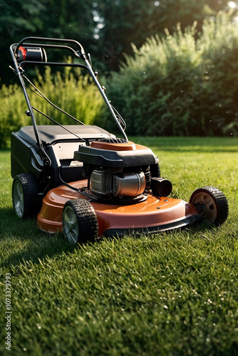 Close-up of lawn mower cutting grass lawn in garden, process of mowing grass. Working lawn mower moving gardening machine tools, landscape design. Gardening and landscaping concept. Copy ad text space